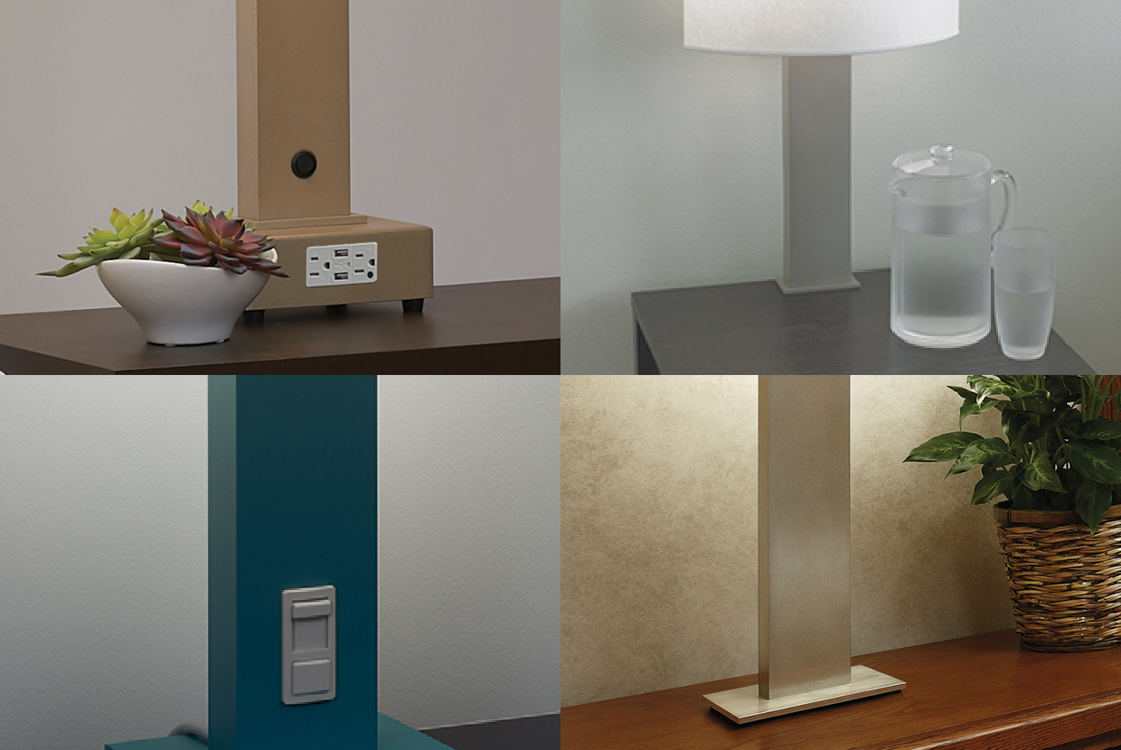 Unity table lamp base choices: dimer, outlets, fixed, freestanding. 