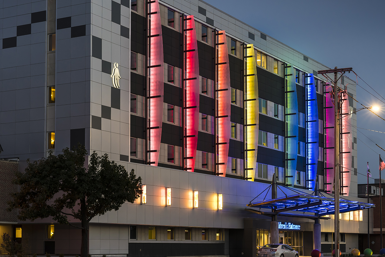 Air Foil sconces on the outside of a children&#039;s hospital