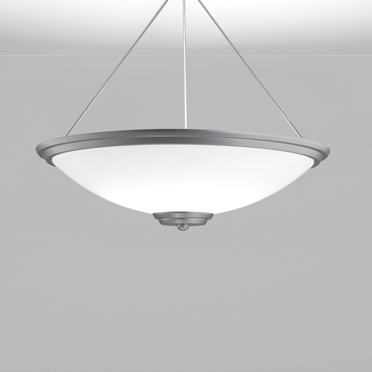 A large bowl pendant suspended with a cable and finial