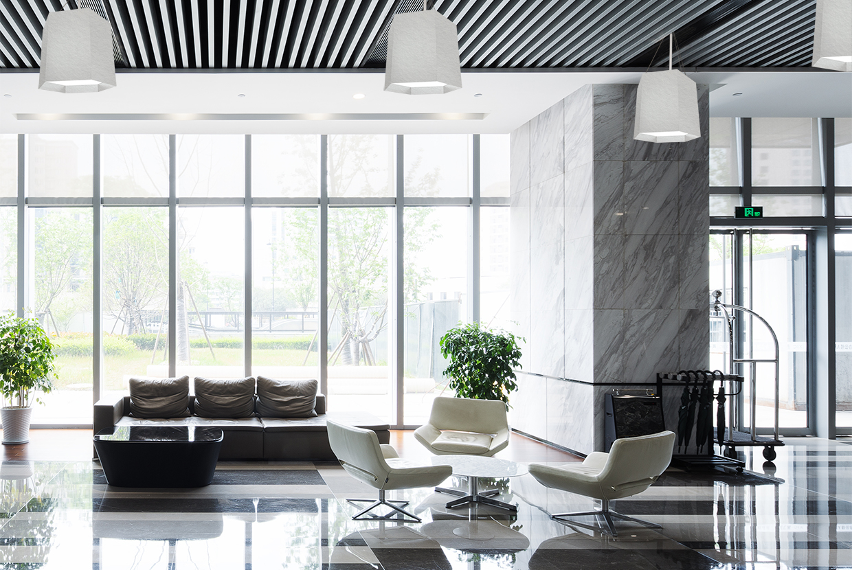 Celest hexagon luminaire in a lobby