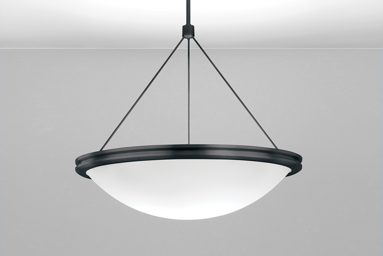 A large bowl pendant suspended with a cable