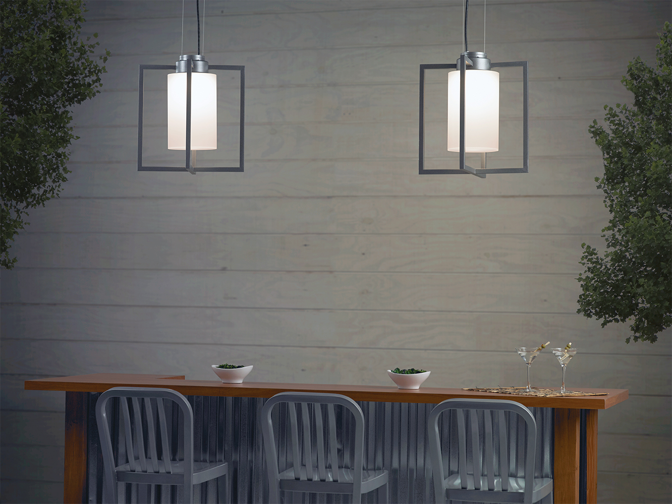 Laterna outdoor light fixtures mounted above an outdoor dining area.