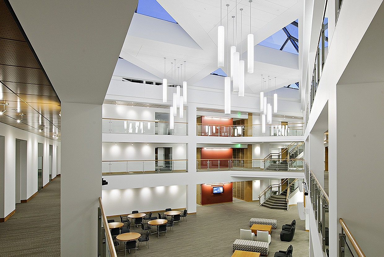 Sequence pendants enhance educational interior design in a large campus building atrium. 